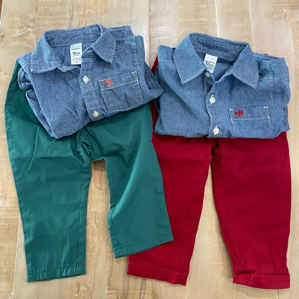 Carters denim jean button down collar baby boys toddler with pant bottoms slacks
